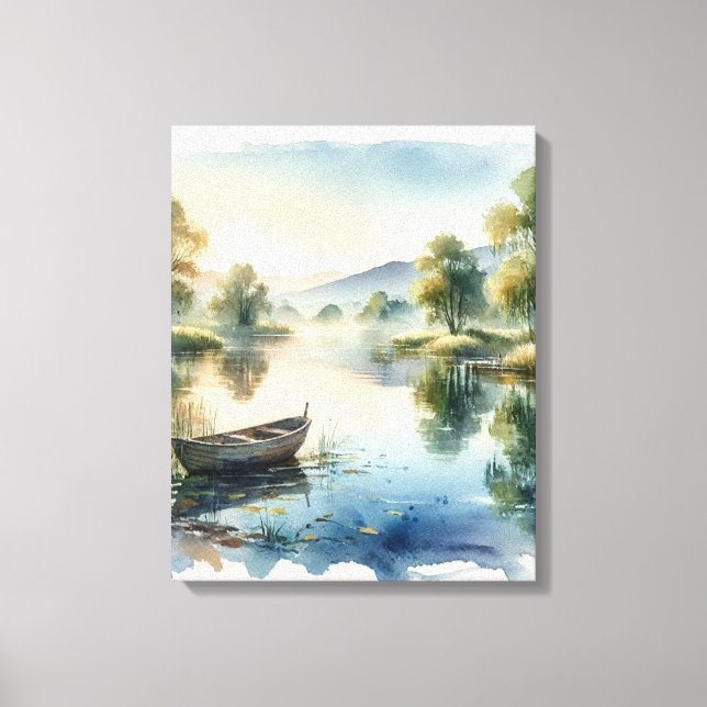 Lugn akvarellsjösida med båt Canvas Art (Framsida)