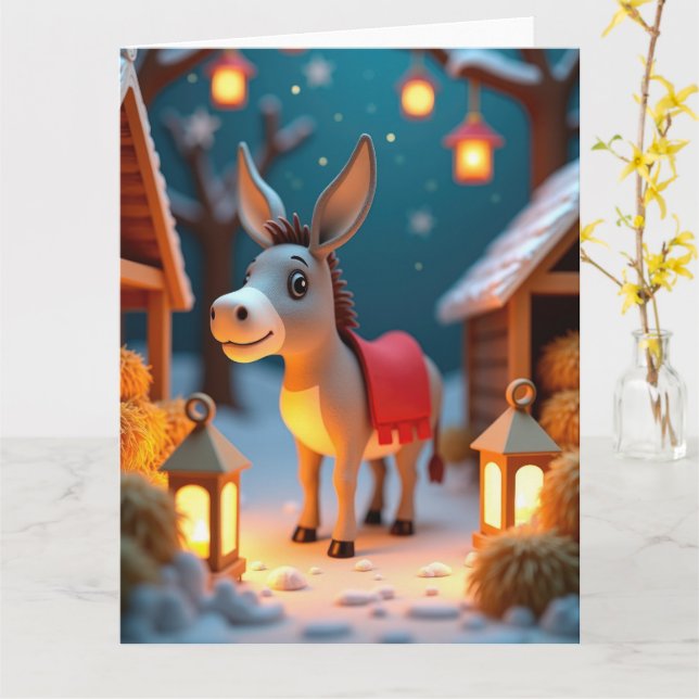 Lugn åsna i snöig julkrubba julscen kort (Gul blomma)