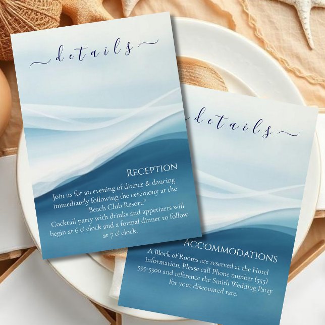 Lugn Blå Abstrakt Strandbrölloppsdetaljer Tilläggskort (Serene Blue Abstract Beach Wedding Details Enclosure Card )
