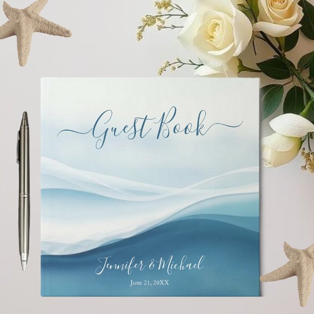 Lugn Blå Strand Abstrakt Bröllop Gästböcker (Serene Blue Beach Abstract Wedding Guest Book )