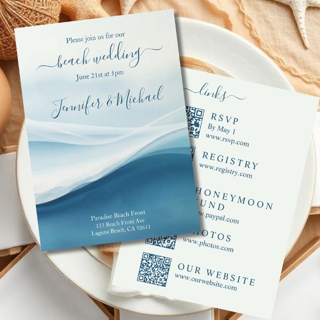 Lugn Blå Strandbröllop - Allt-i-ett Inbjudningar (Serene Blue Abstract Beach Wedding Invitation All In One)