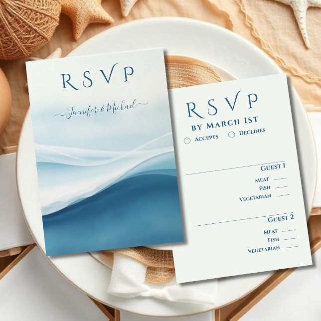 Lugn Blå Strandbröllopsmeny alternativ OSA Kort (Serene Blue Abstract Beach Wedding Meal options RSVP Card )