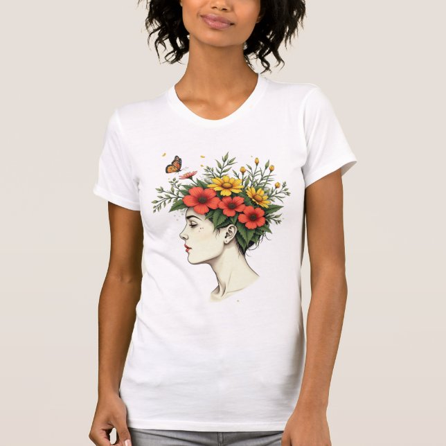 Lugn Blomning - Kvinna med blommor i håret  T Shirt (Framsida)