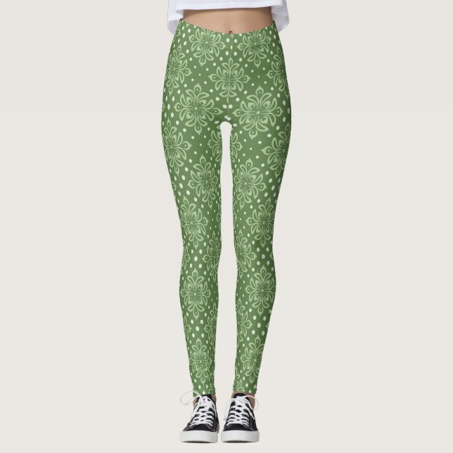 Lugn blomsterform på grön bakgrund leggings (Framsida)
