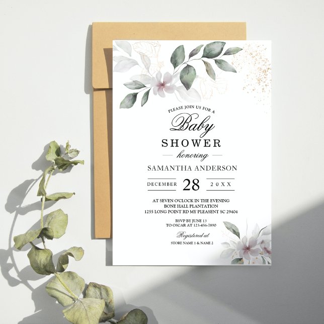Lugn Blomsterprakt Watercolorblad & Blomma | Guld Inbjudningar (Skapare uppladdad)