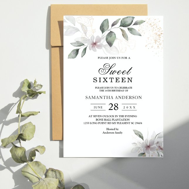 Lugn Blomsterprakt Watercolorblad & Blomma | Guld Inbjudningar (Skapare uppladdad)