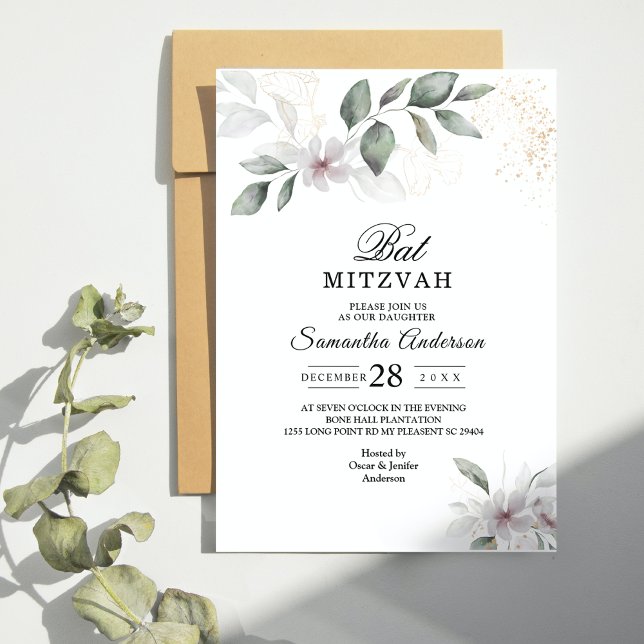 Lugn Blomsterprakt Watercolorblad & Blomma | Guld Inbjudningar (Skapare uppladdad)