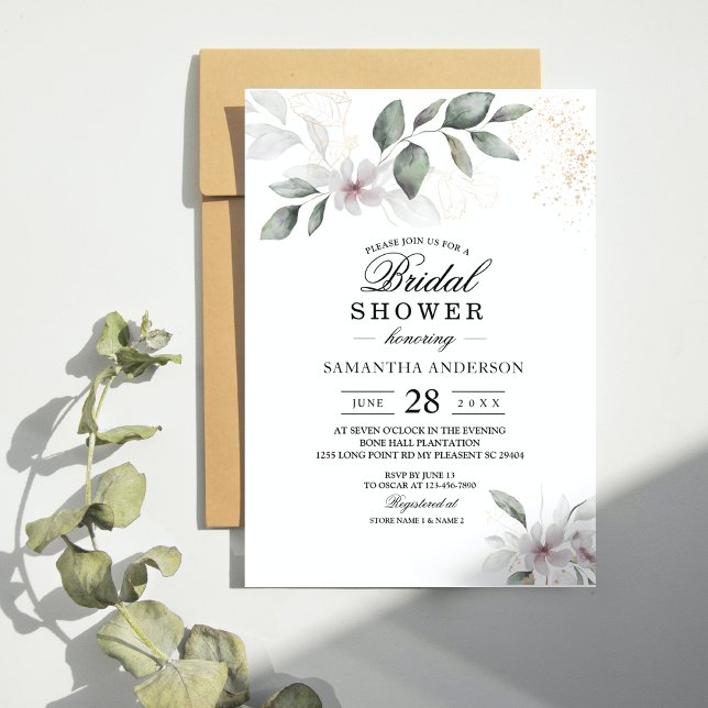 Lugn Blomsterprakt Watercolorblad & Blomma | Guld Inbjudningar (Skapare uppladdad)