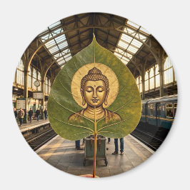 Lugn Buddha-ansikte på Bodhi-blad Konstnärlig rund Magnet