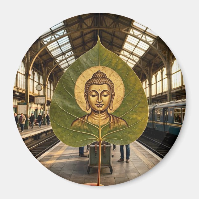 Lugn Buddha-ansikte på Bodhi-blad Konstnärlig rund Magnet (Framsidan)