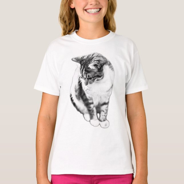 Lugn Cat Tittar ned Bläck Art Tee (Framsida)