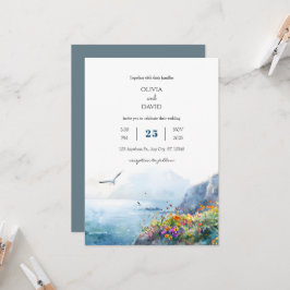 Lugn Cliffside Ocean View Bloom Art Beach Wedding Inbjudningar