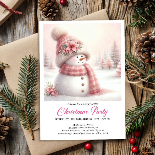 Lugn Coquette Snömannen Barn Jul Inbjudan  (Cute pink snowman Christmas invitation,
coquette snowman invitation  FOR CHILDREN,
Funny kids style )