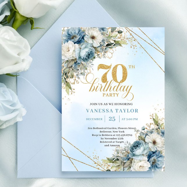 Lugn dammig blå akvarellblommor 70-årsdag inbjudningar (Serene dusty blue watercolor florals 70th birthday

)