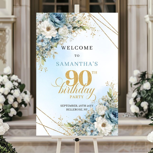 Lugn dammig blå akvarellblommor 90-årsdag poster (Serene dusty blue watercolor florals 90th birthday

)