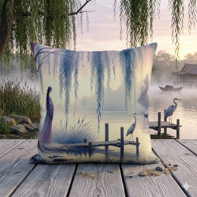 Lugn Fantasidamm med Pil och Häger Kudde (Serene Fantasy Lake with Willow and Heron Throw Pillow Mockup A)
