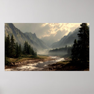Lugn flod som flyter genom bergsdal poster
