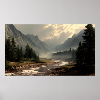 Lugn flod som flyter genom bergsdal poster