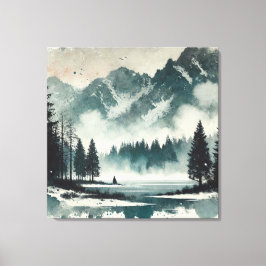 Lugn Foggy Sjö liggande med röd solnedgång Canvastryck