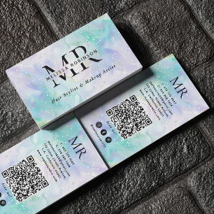 Lugn Grön & Lila Alkoholbläck Monogram QR-kod Visitkort