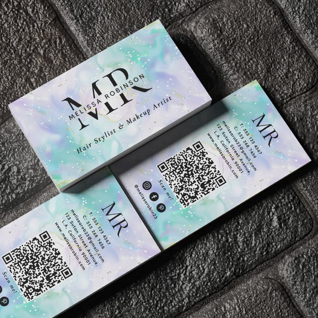 Lugn Grön & Lila Alkoholbläck Monogram QR-kod Visitkort (Skapare uppladdad)