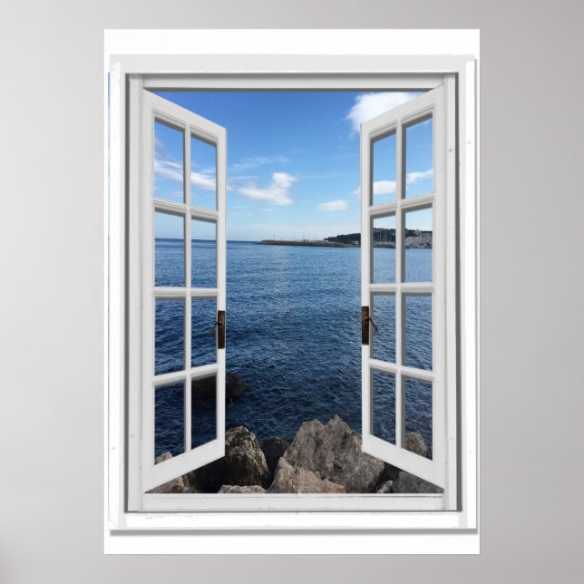 Lugn havsutsikt Trompe l'oeil falskt fönster Poster (Framsidan)