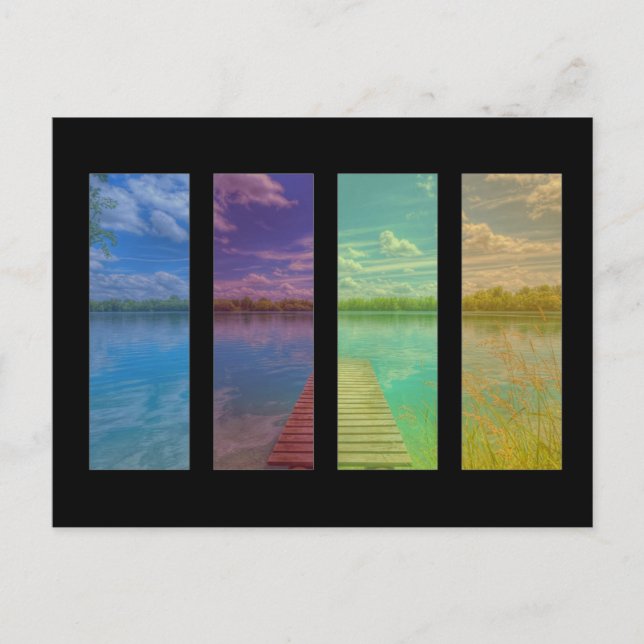 Lugn insjöscen med en träbrygga landskap vykort (Framsida)