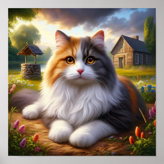 Lugn kalico katt i en lantlig idyll poster (Framsidan)