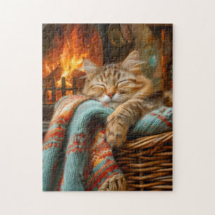 Lugn katt som sover i korg vid varm öppen spis pussel