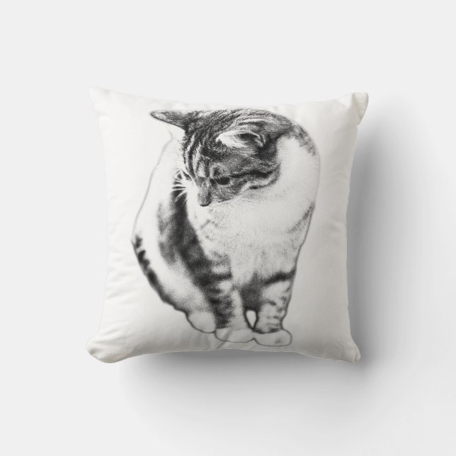 Lugn Katt Tittar ned Bläck Art Pillow Kudde (Framsida)
