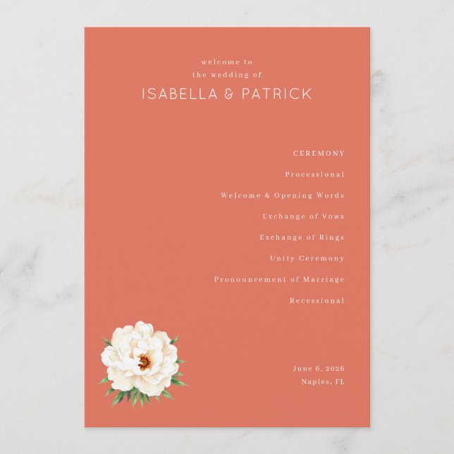 Lugn korall blommande bröllopsceremoni schema program (Framsida)