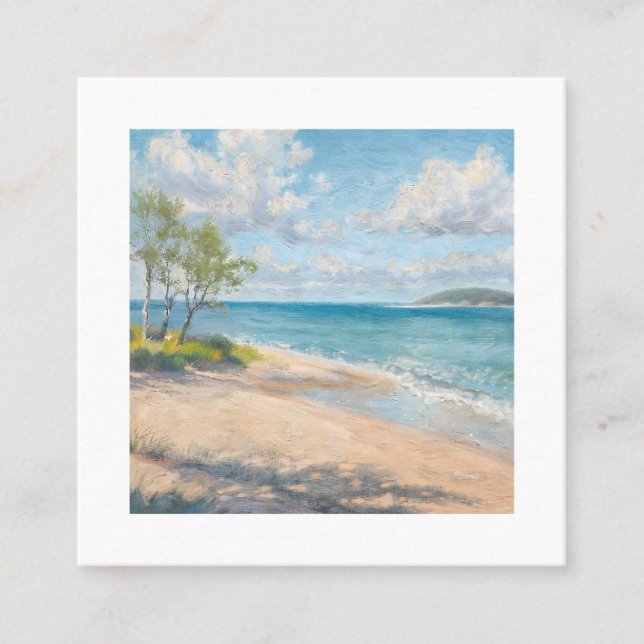 Lugn kustmorgon Impressionistisk strandkonst Fyrkantigt Visitkort (Framsida)