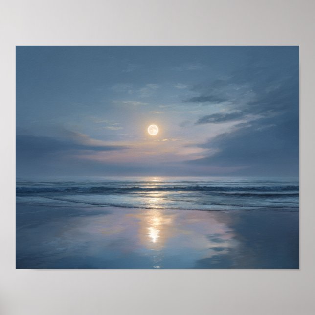 Lugn mån ocean väggkonst | Minimal natt landskap (Framsidan)