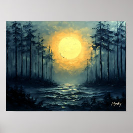Lugn månljust skogsväg med fullmåne poster
