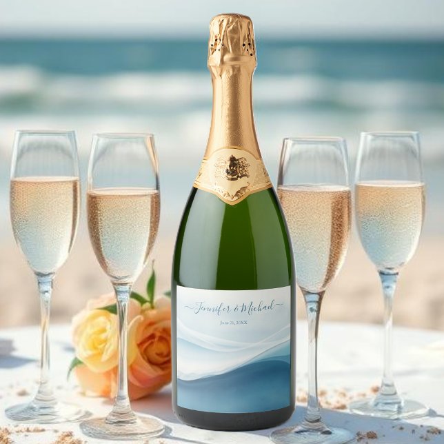Lugn Modern Blå Strand (Serene Blue Modern Abstract Sparkling Wine Label )