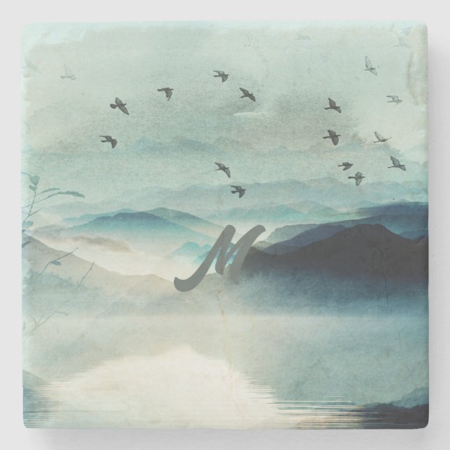 Lugn Monogrammed natur - bergsscenen med vattenfär Stenunderlägg (Framsidan)