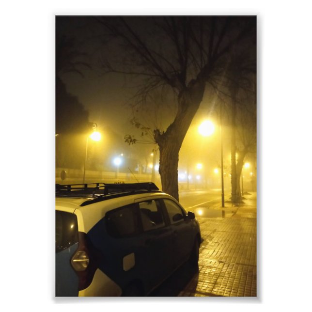 Lugn nattlig skymning insvept i dimma  fototryck (Framsidan)