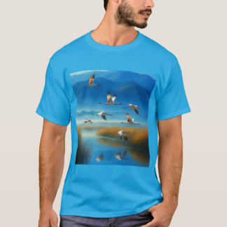Lugn Natur Sjöscen med Flygande Trana T-shirt