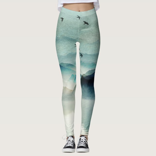 Lugn natur vattenfärg bergscenario leggings (Framsida)