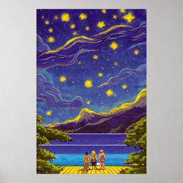 Lugn Nightscape Himlar, stjärnor, Sjö Retro-målnin Poster
