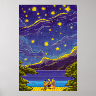 Lugn Nightscape Himlar, stjärnor, Sjö Retro-målnin Poster