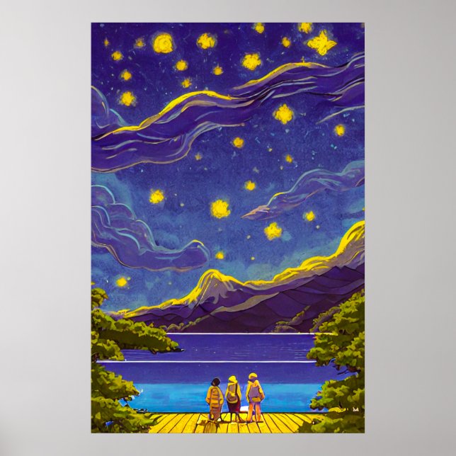 Lugn Nightscape Himlar, stjärnor, Sjö Retro-målnin Poster (Framsidan)