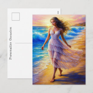 Lugn Ocean Watercolor Levande Strandpromenad Konst Helg Vykort