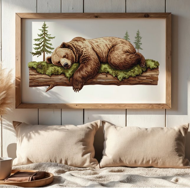 Lugn och fridfull björnunge | Skogstema för barnka Poster (Sleeping Bear cozy hygge style bedroom wall poster art. Housewarming gift or baby shower gift.)