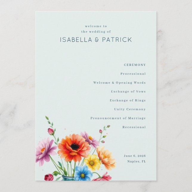 Lugn Pastell Blommig Bröllopsceremoni Program (Framsida)
