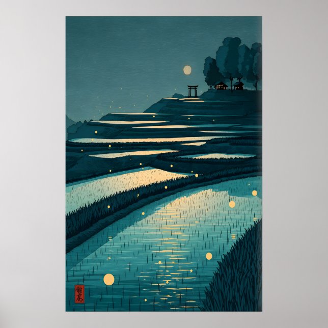 Lugn risfältsposter, månljusterrasser, Torii Poster (Framsidan)