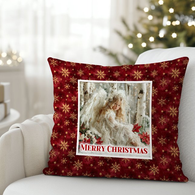 Lugn röd och guld vintage ängel julkudde kudde (Calm Red and Gold Vintage Angel Christmas Pillow)
