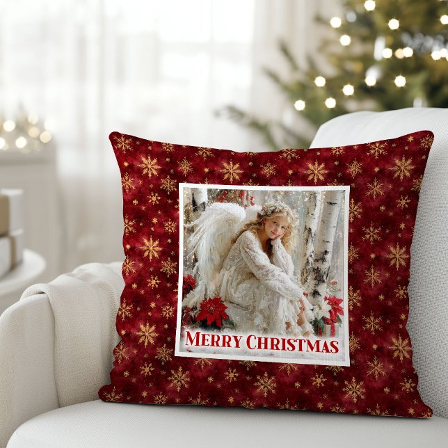 Lugn röd och guld vintage ängel julpresent  kudde (Serene Red and Gold Vintage Angel Holiday Gift Pillow)