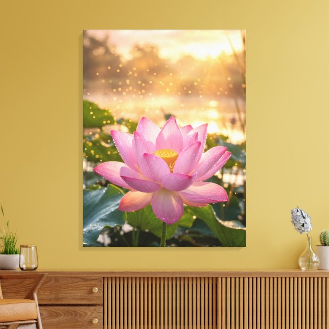 Lugn Rosa Lotusblomma Guld Hour Canvas Vägg A (Insitu (Vardagsrum))