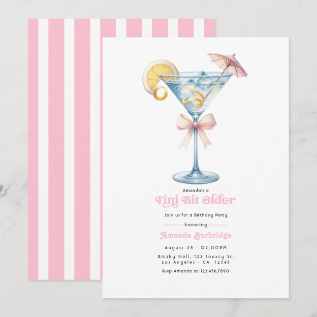 Lugn Rosa Tini Bit Äldre Martini Födelsedagsfest Inbjudningar (Fram/baksida)